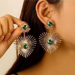 Green RhineStone Gold Heart Spiked Drop Earrings